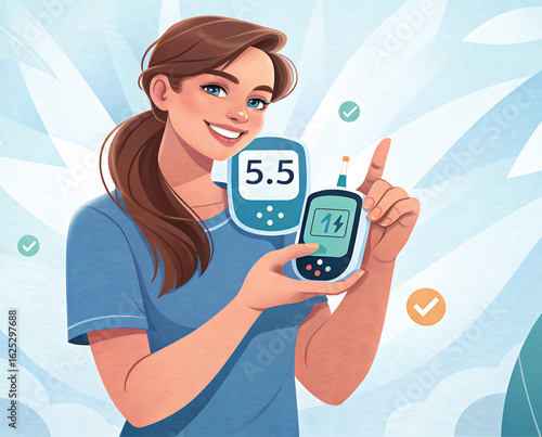 Woman holding blood glucose meter showing 5.5 and 14 diabetes health