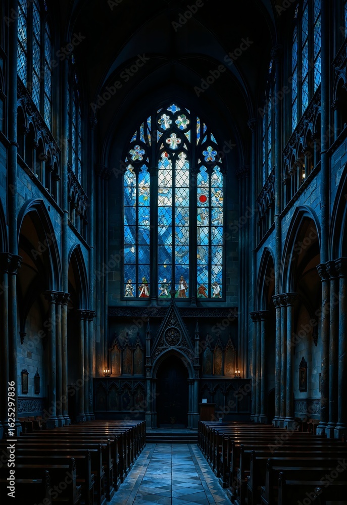 Fototapeta premium A serene Gothic cathedral interior bathed in soft blue light from stained glass windows, with rows of wooden pews leading to an altar and towering pillars