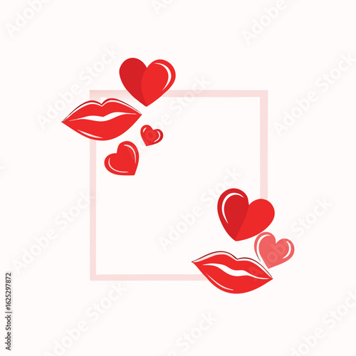 Red lips and hearts surrounding a pale pink square frame vector
