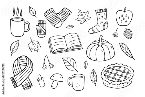 Autumnal Essence: Whimsical line art presents a cozy harvest scene. Featuring an array of charming autumn motifs: a steaming mug, knitted socks, falling leaves, apple, and a pie.