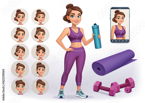 Woman in purple workout clothes with fitness equipment and avatar faces exercise
