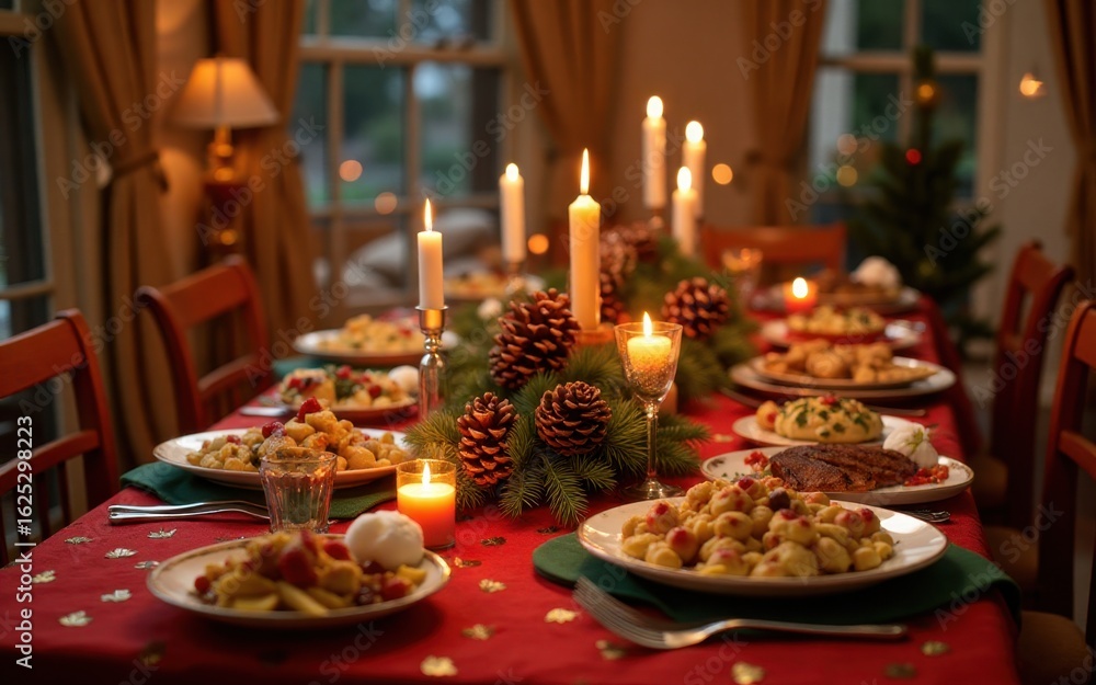 Naklejka premium Warm Candlelit Christmas Eve Dinner Table Setting with Traditional Food