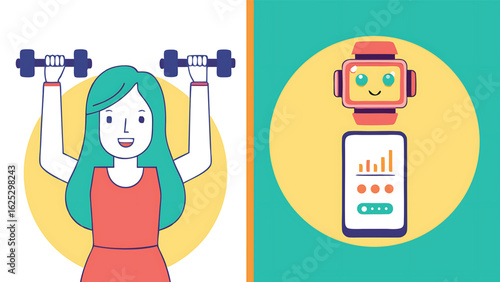 Woman lifting dumbbells next to robot and smartphone with charts fitness