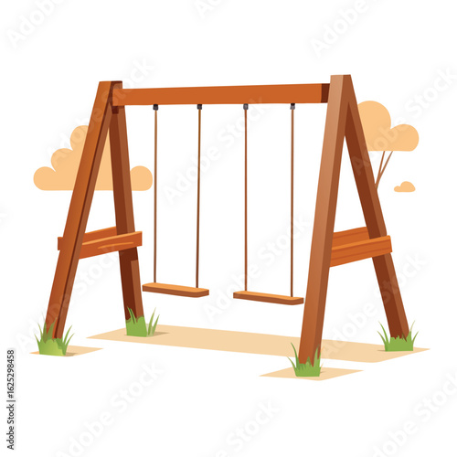 Wooden playground swings with orange clouds and green grass outdoor recreation