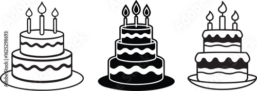 Simple black and white drawing of a two tiered birthday cake with candles