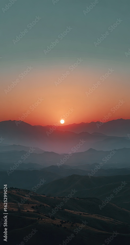Obraz premium Sunrise over misty mountain ranges (1)
