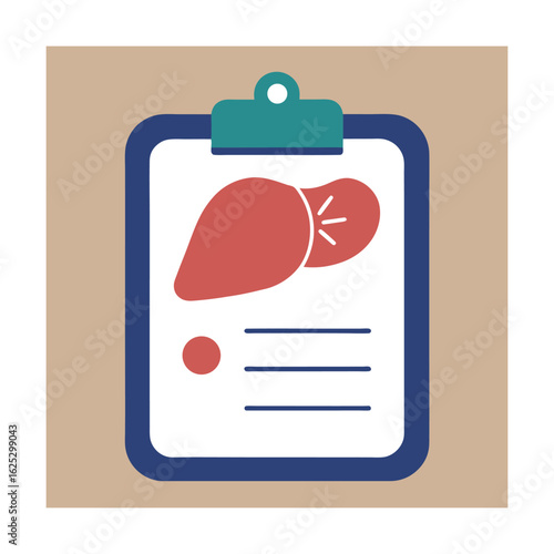 Red liver icon on clipboard with text lines medical