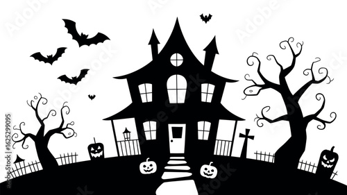 Spooky halloween haunted house silhouette with bats and pumpkins