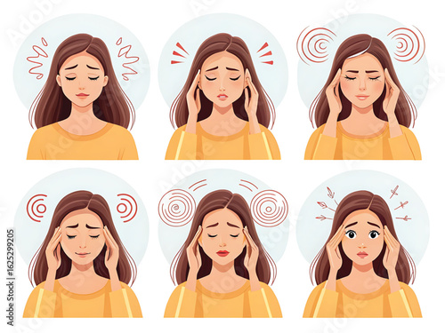 Young woman experiencing different types of headaches and pain migraine