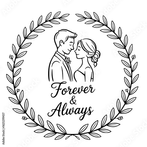Forever and Always: A black and white sketch of a couple in love, framed by a wreath, symbolizing eternal commitment and the enduring power of love.