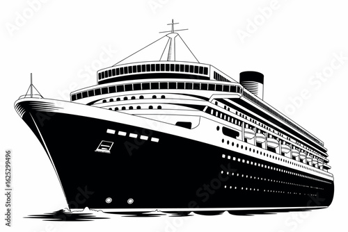 Detailed black and white illustration of a large modern cruise ship
