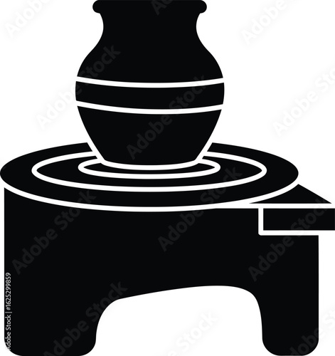 Solid black silhouette of a pottery wheel with a pot in progress, white background, flat vector