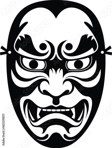 Solid black silhouette of a traditional Japanese kabuki mask, frontal view, white background, flat vector