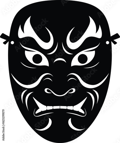 Solid black silhouette of a traditional Japanese kabuki mask, frontal view, white background, flat vector