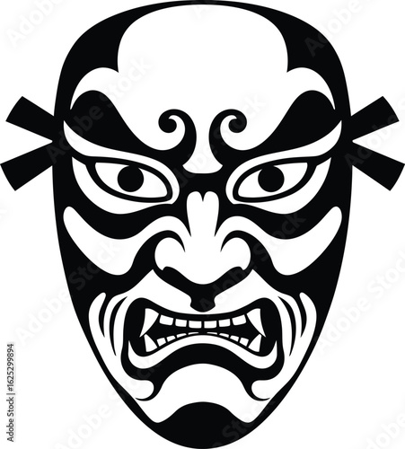 Solid black silhouette of a traditional Japanese kabuki mask, frontal view, white background, flat vector
