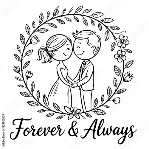 Forever & Always: Charming illustration of a couple embracing, signifying eternal love, embraced by a wreath, beneath the touching phrase.