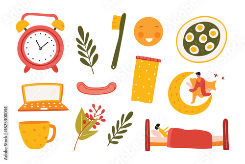 Early Morning Routine: A charming, illustrated arrangement of morning essentials that capture the essence of a pleasant start to the day. It evokes a sense of simplicity and peace.