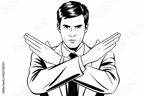 Man in suit crossing arms in a stop or no gesture