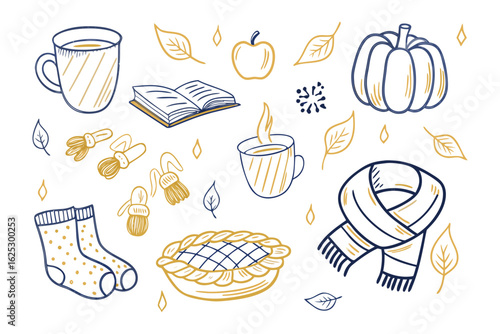 Autumn Cozy Collection: An artful compilation of seasonal symbols, each brushstroke and shade carefully crafted.