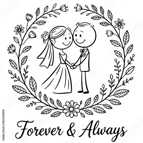 Forever & Always: A simple illustration of a newlywed couple holding hands, framed by a wreath of delicate leaves and flowers, symbolizing everlasting love and commitment.