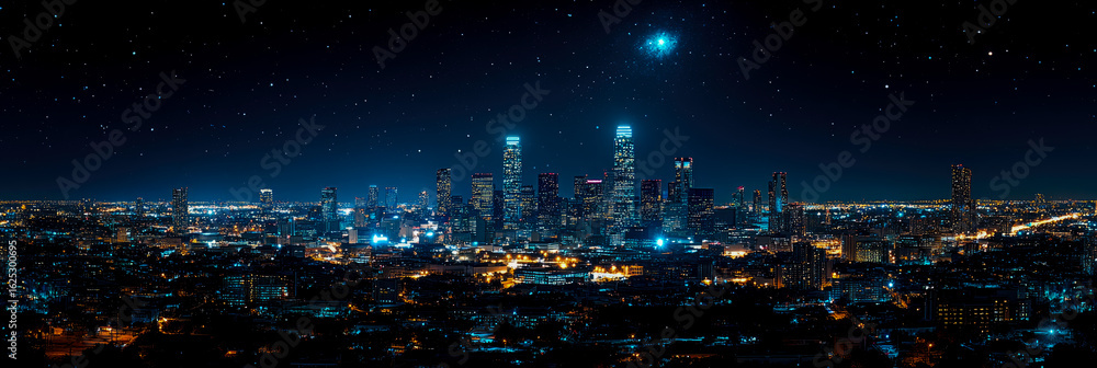 Fototapeta premium Panoramic nocturnal vista of a sprawling metropolis illuminated under a vast, star-filled cosmic sky with a prominent blue nebula