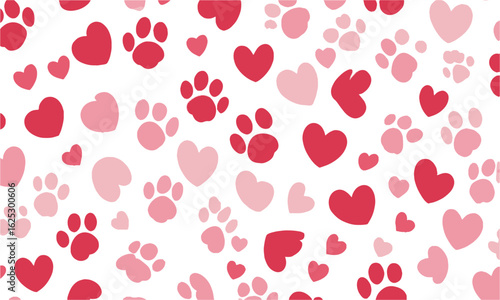 Modern vector illustration seamless pattern with scattered red hearts and pink paw prints, Red hearts, pink paw prints, and a clean white background, easily editable.