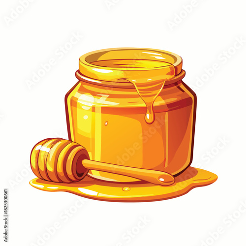 Golden honey jar with dipper dripping sweet liquid vector