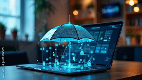 Digital umbrella over laptop screen, concept of data protection and cybersecurity insurance, great for fintech branding and secure services ads, 4K, motion.