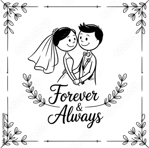 Timeless Bond: A whimsical illustration depicts a bride and groom in an embrace, the words Forever & Always a promise of unending love. The image is a testament to the enduring power of marriage.