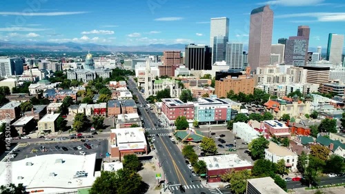 Aerial view of denver colorado cityscape with mountains in the background