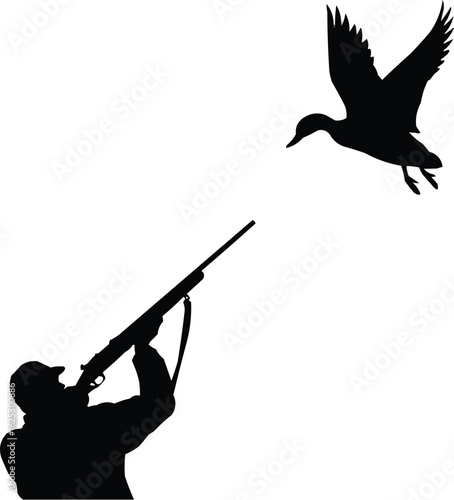 Silhouette vector of Hunter Aiming at Flying Duck 