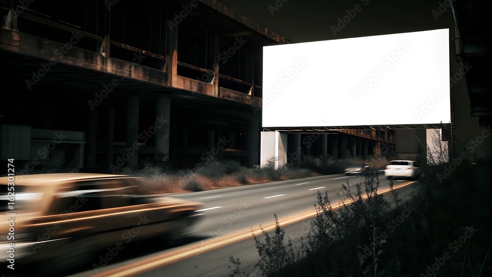 Fototapeta premium White Blank Billboard on Busy Highway with Speeding Cars, in a post-apocalyptic setting with overgrown vines and abandoned vehicles.
