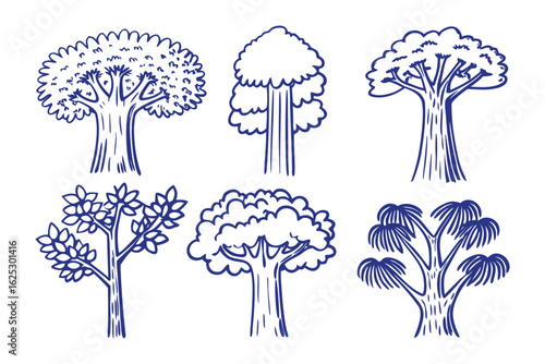 Diverse Trees Hand-Drawn Illustrations: An artful array of six unique tree illustrations, each capturing the essence of different tree varieties, drawn in a clean line art style.