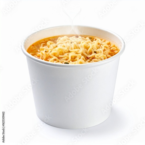 A white disposable bowl of steaming instant noodles