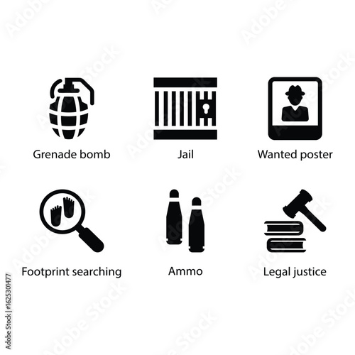 Grenade bomb, Jail, Wanted poster, Footprint searching, Ammo, Legal justice, icon