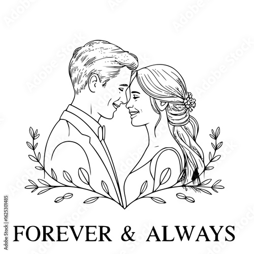 Forever & Always: A heartwarming line drawing of a couple, perfectly captures the romance and commitment of love, underscored by the timeless promise of Forever & Always.