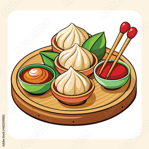 Steamed dumplings with dipping sauces and chopsticks food asian