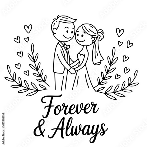 Forever & Always: Capturing the essence of enduring love, this elegant illustration depicts a couple standing hand-in-hand amidst decorative foliage.