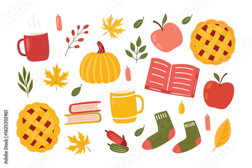Cozy Autumn Assemblage: A collection of autumn essentials. Illustrated in bright colors, including warm beverages, fall foods, and festive decorations evoking a sense of coziness.