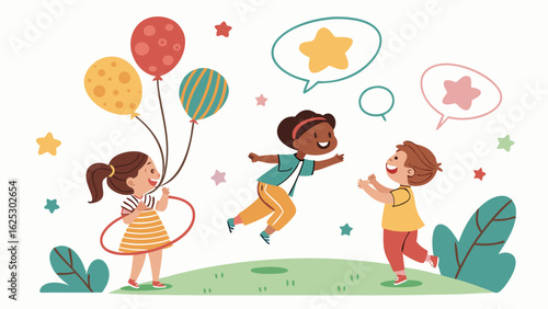 Cartoon children joyfully playing together with balloons, stars, and hula hoop, celebrating friendship in a playful illustration