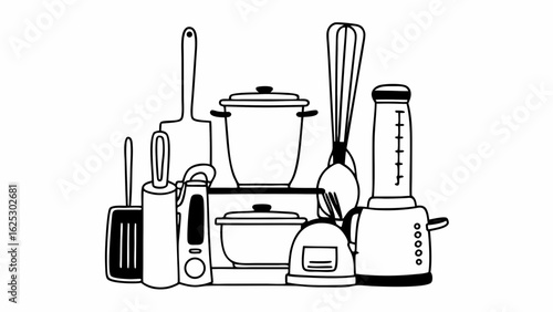 Modern line art of essential kitchen utensils offering a clean, minimalist aesthetic for culinary projects with cooking tools