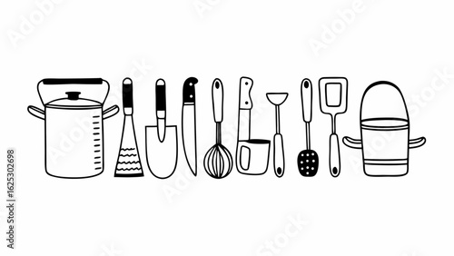 Sketch style kitchenware illustration for culinary designs and food blog graphics, perfect for menus and kitchen decoration projects