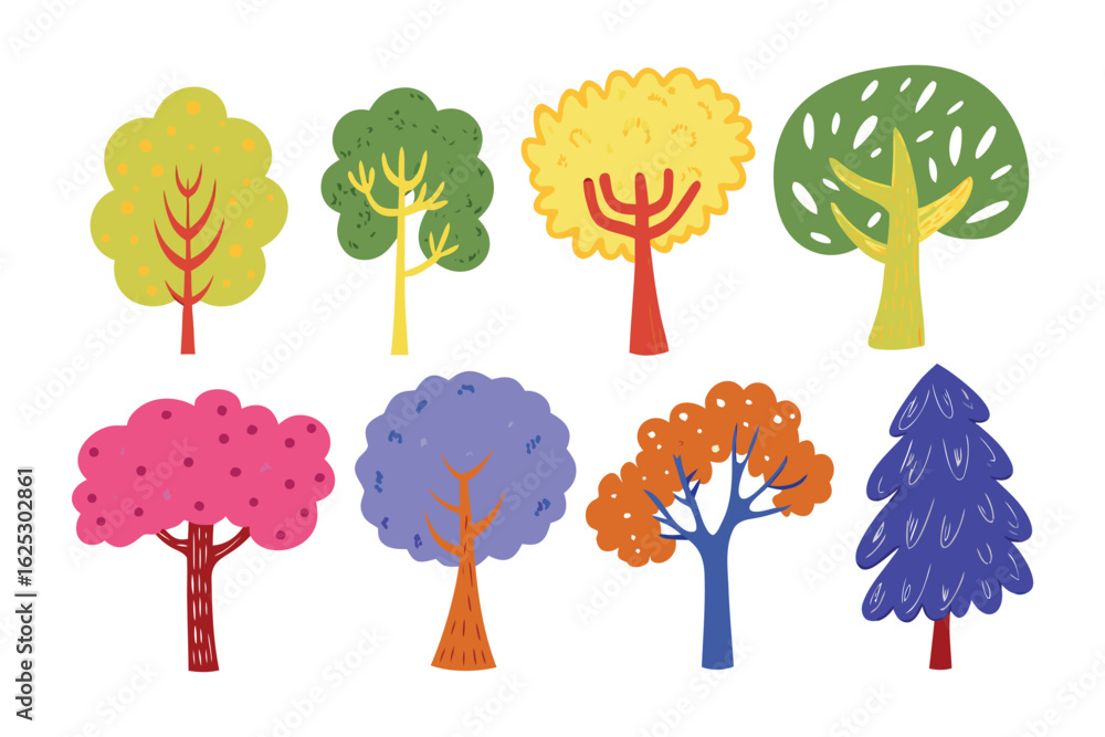 Fototapeta premium Colorful Forest Collection: An imaginative ensemble of vibrant trees showcases the diversity of the natural world with charming and playful design
