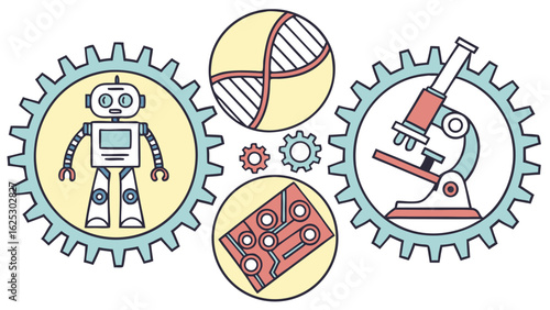 Inspiring science innovation with modern robotics, DNA research, and microscope technology, perfect for digital campaigns