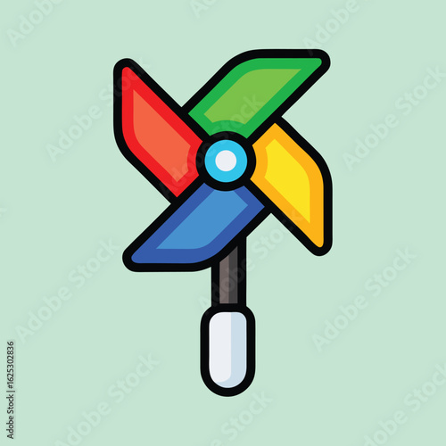 Colorful pinwheel toy with blue center and white handle green