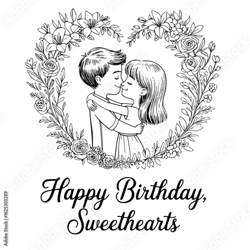 Affectionate Embrace: A tender illustration captures a couple's intimate moment, surrounded by a floral heart, perfect for celebrating love and special occasions.
