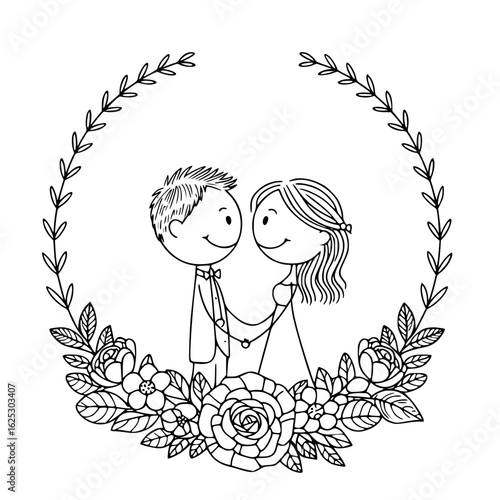Forever United: A sweet moment of two souls united in a sketch, tenderly holding hands and nestled within a delicate floral wreath, signifying a start of everlasting love.