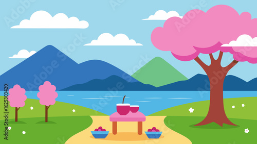tranquil lakeside picnic under blossoms