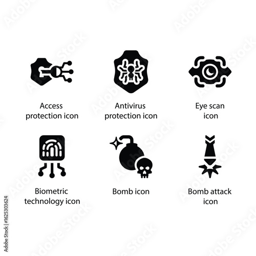Access protection, Antivirus protection, Eye scan, Biometric technology, Bomb, Bomb attack, icon