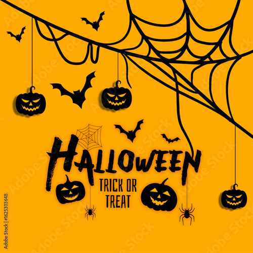 Vibrant Halloween Poster with Jack-o'-Lanterns, Bats, and Spiderweb on Orange Background